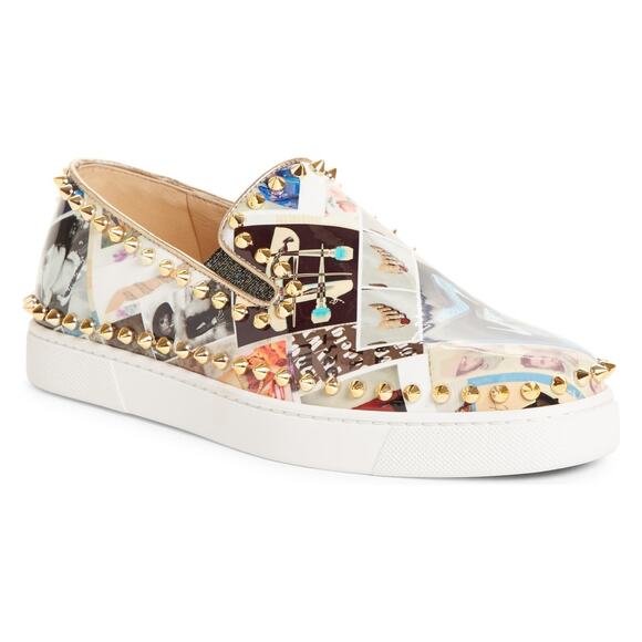 Christian Louboutin Pik Boat Patent Collage Black Gold Spike Flat Sneakers 41 - Picture 1 of 12